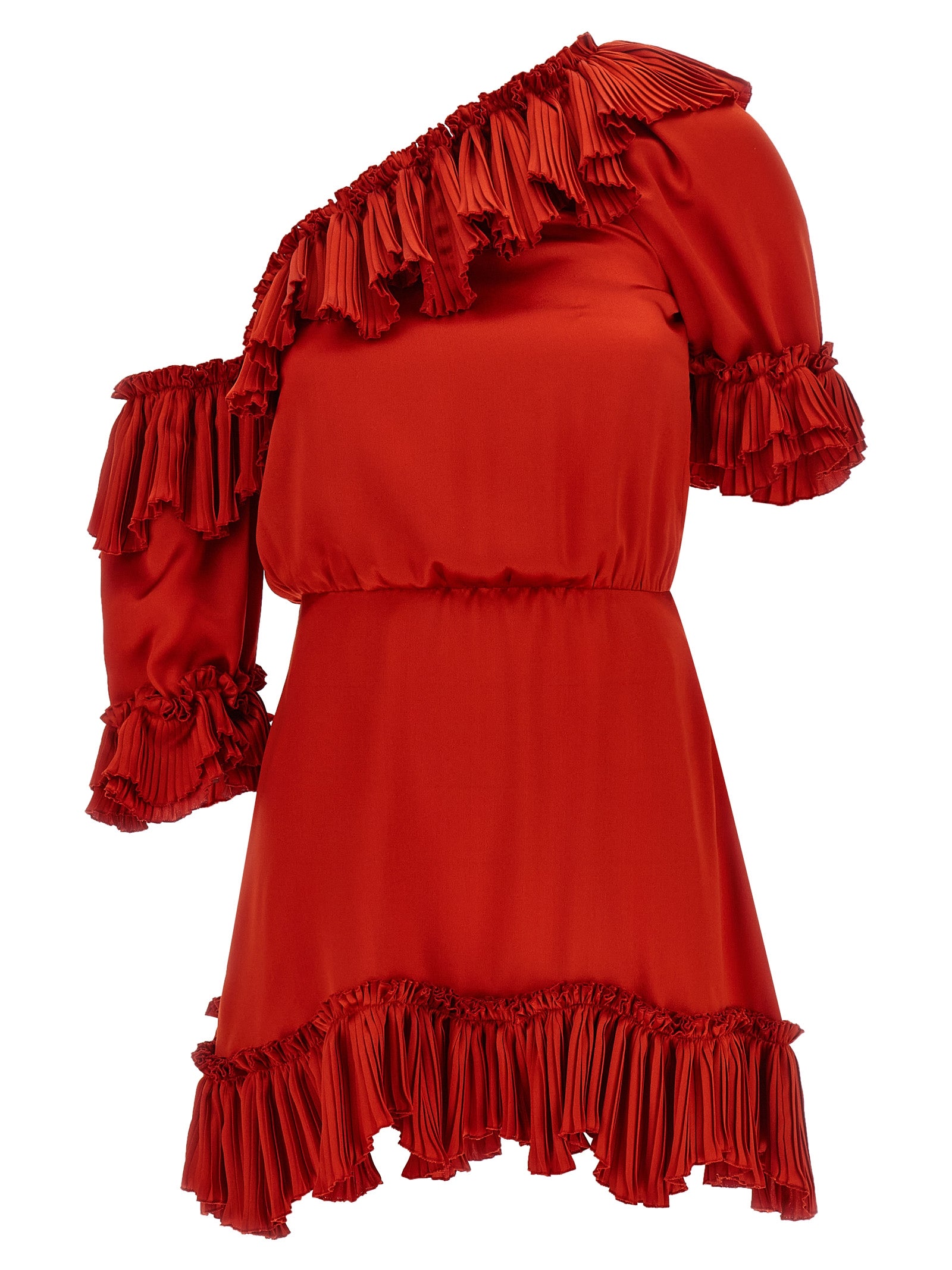 Saint Laurent Silk Dress — One-Shoulder Red Mini