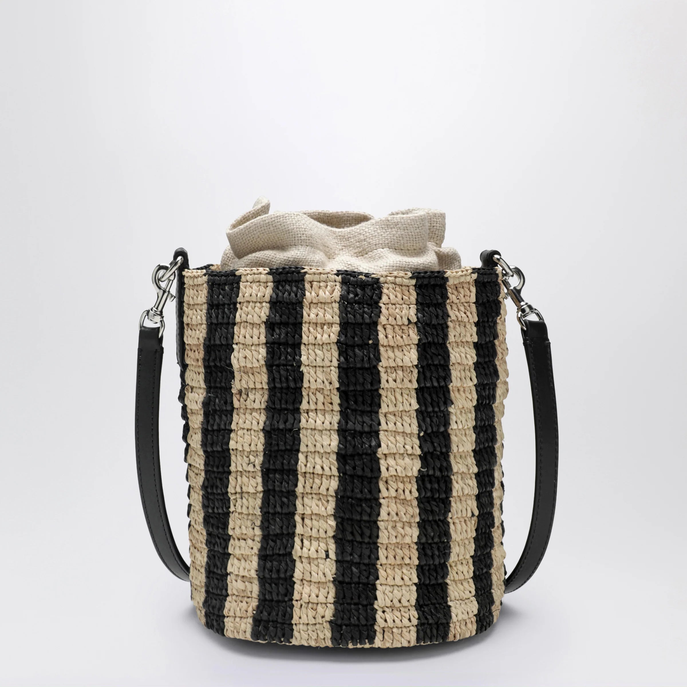Valentino Garavani Small bucket bag in raffia with beige and black stripes