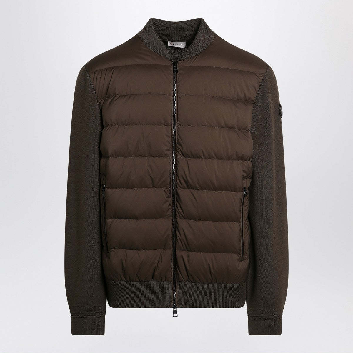 Moncler Brown Cardigan with Padded Nylon Knit Sleeves