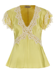 Alberta Ferretti Satin & Lace Top — Yellow V‑Neck