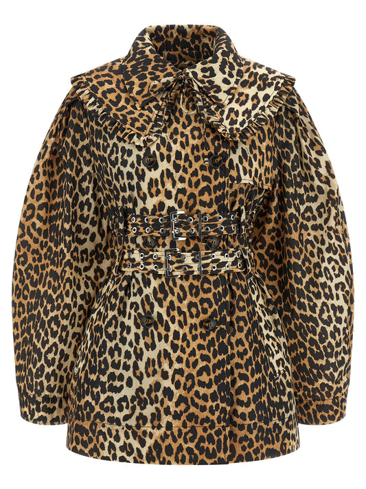 Ganni Leopard Duchesse Nylon Short Trench Coat — Coats