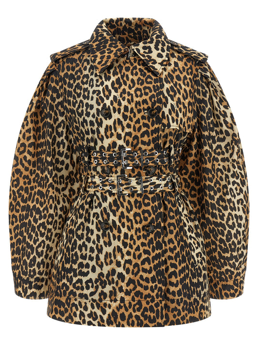Ganni Leopard Duchesse Nylon Short Trench Coat — Coats