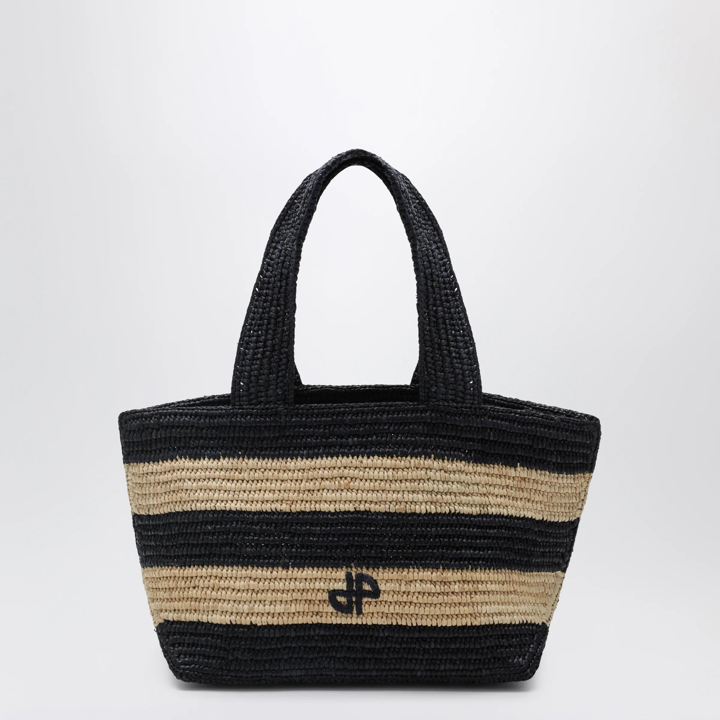 Patou Trapeze PM Raffia Shopper Bag — Blue & Beige