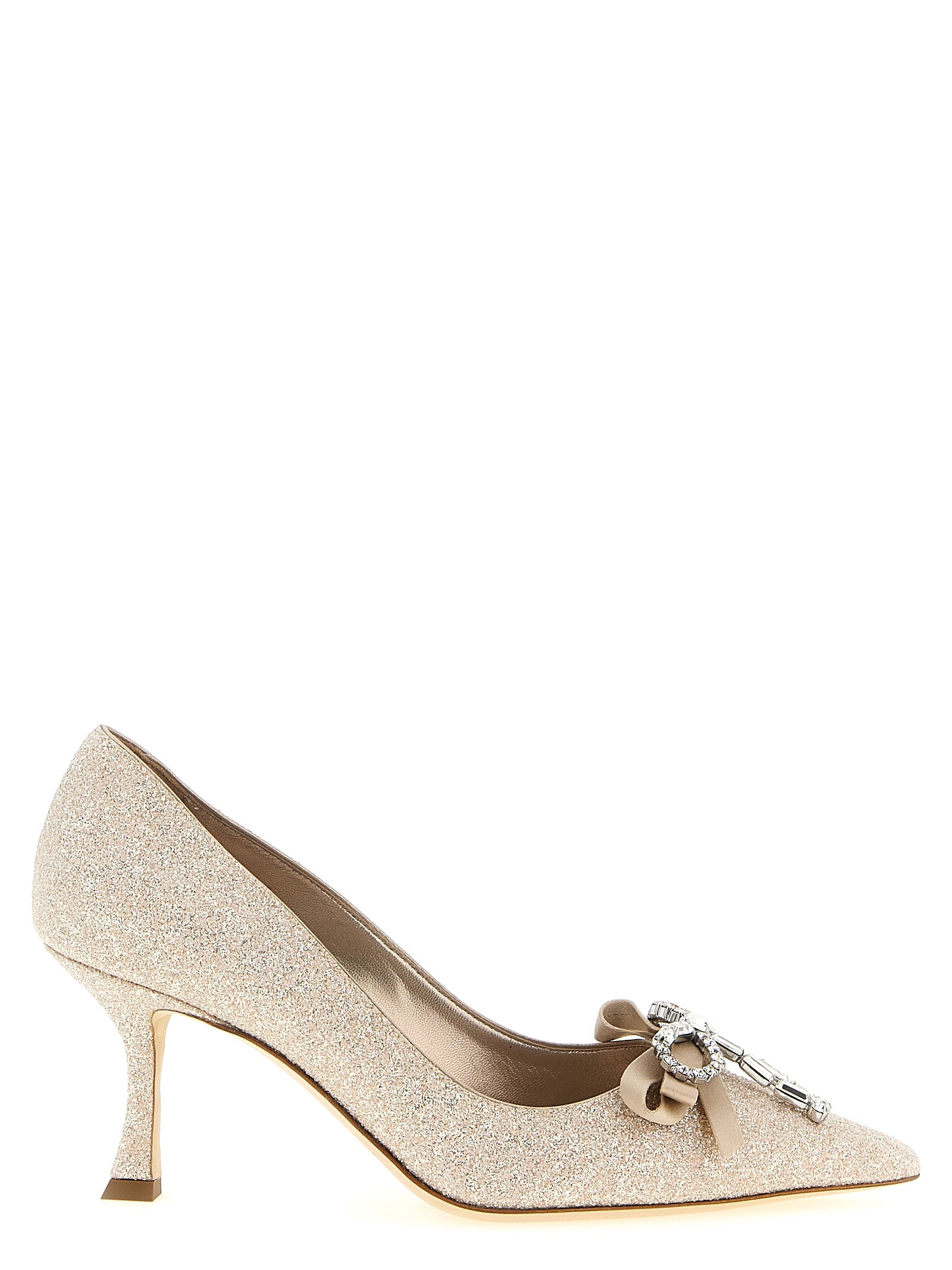 Jimmy Choo Auria Pumps in Gold — Satin Bow & Crystals