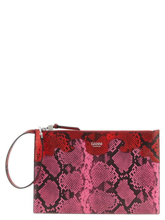 Ganni Fairy Pouch Clutch — Fuchsia Snake-Print
