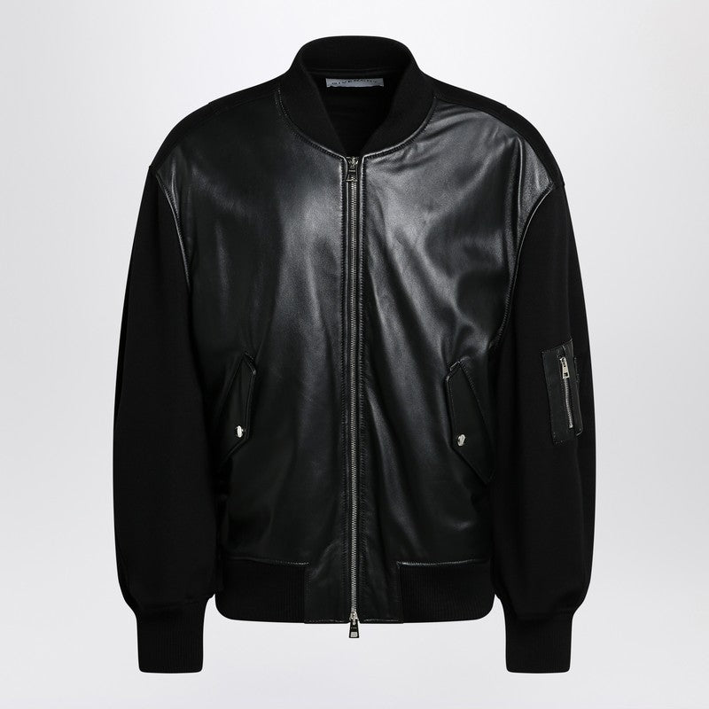 Givenchy Black leather bomber jacket with wool sleeves