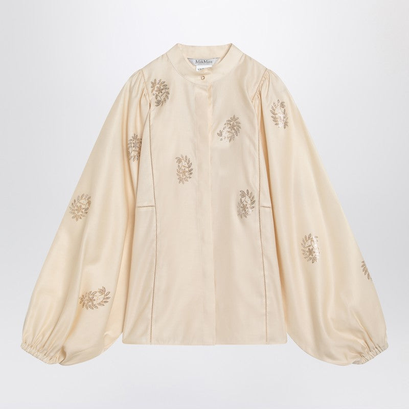 Max Mara ivory cotton satin shirt — embroidered balloon sleeves