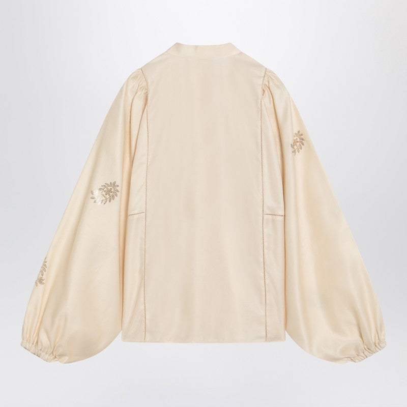 Max Mara ivory cotton satin shirt — embroidered balloon sleeves