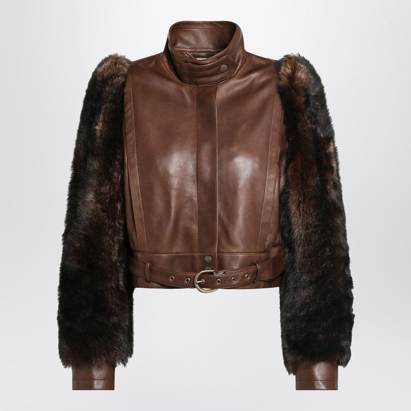 Chloé Brown cropped leather and shearling jacket