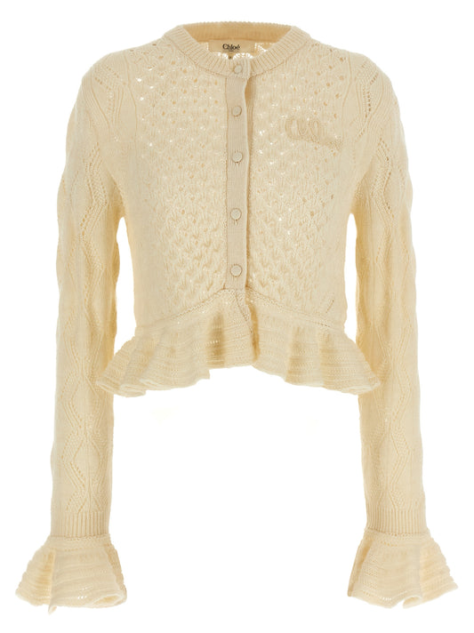 ChloÉ Pointelle Cardigan Knitwear — Slim Fit Crop Ruffle