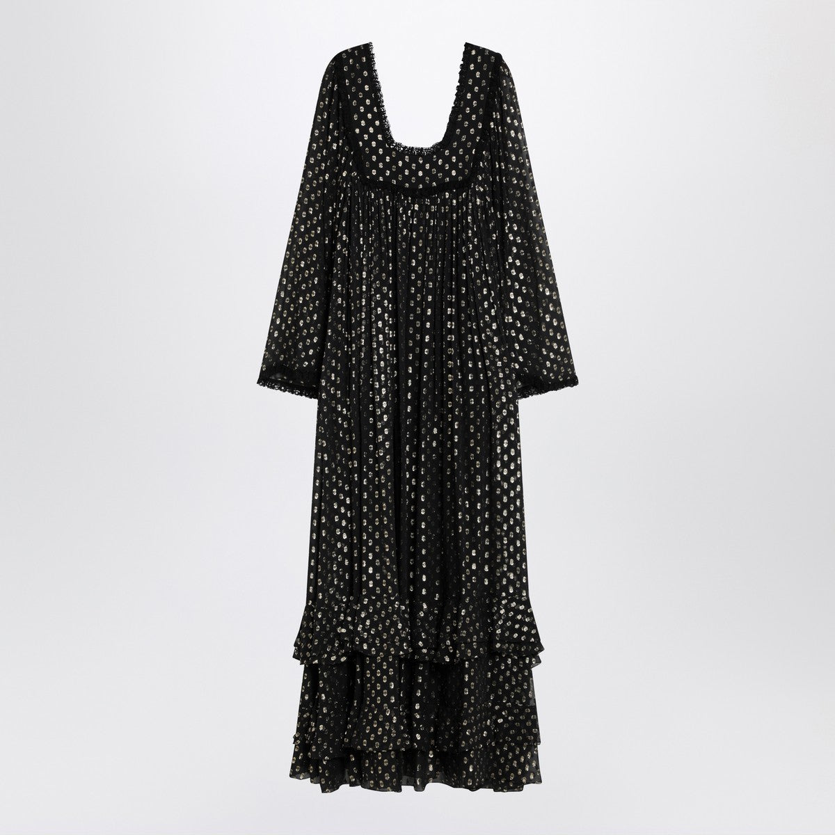 Robe longue noire Chloé en soie avec détails volantés