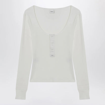 Chloé White Henley cotton jersey top