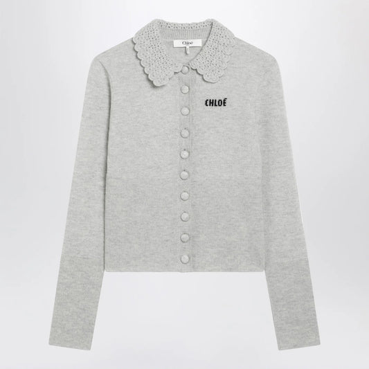 Chloé Light Grey Wool Cardigan – Logo Knitwear
