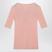 Chloé Fitted elbow-sleeve ribbed wool sweater with lace trim in pink