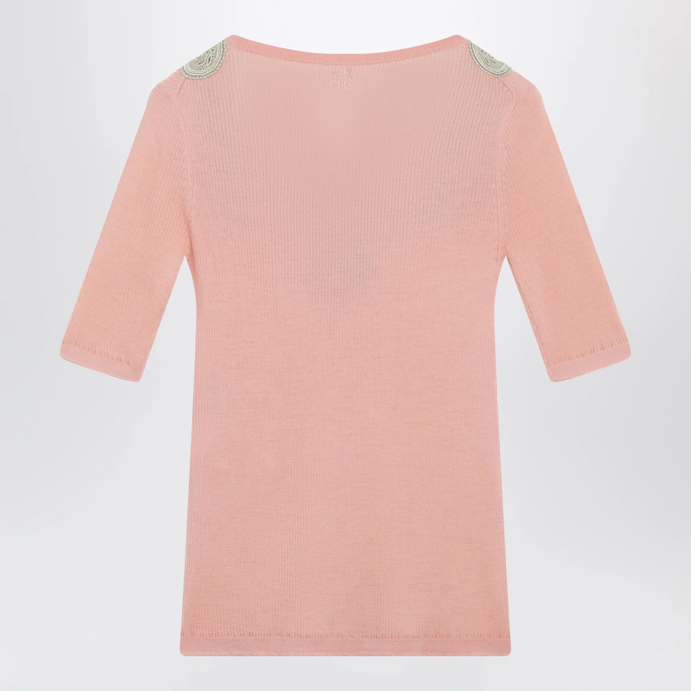 Chloé Fitted elbow-sleeve ribbed wool sweater with lace trim in pink
