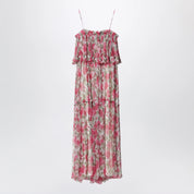 Chloé Long silk muslin dress with rose print, white/pink