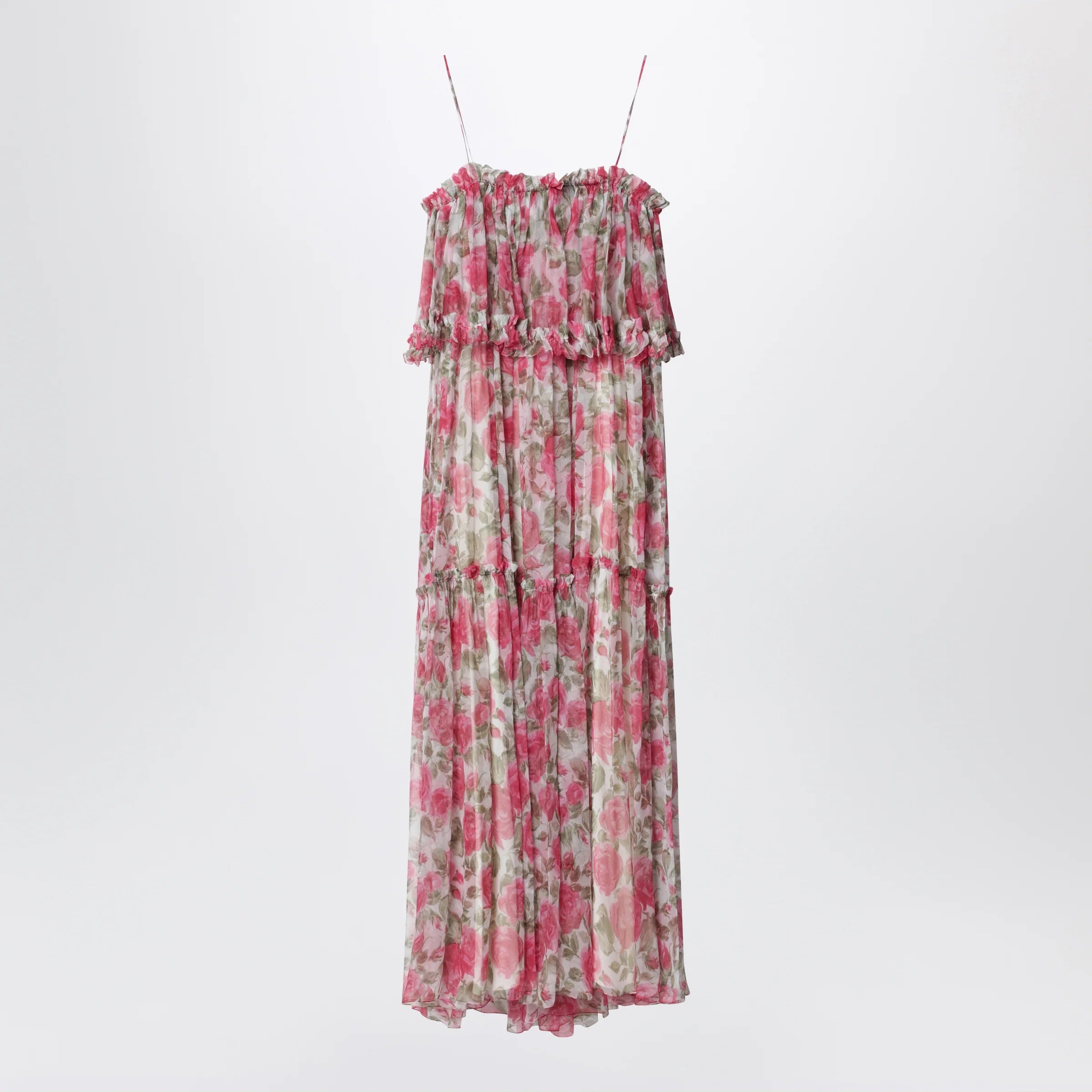 Chloé Long silk muslin dress with rose print, white/pink