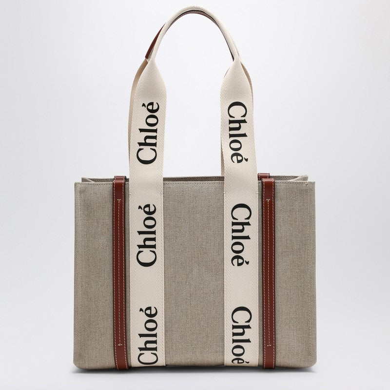 Chloé Woody medium bag in beige canvas
