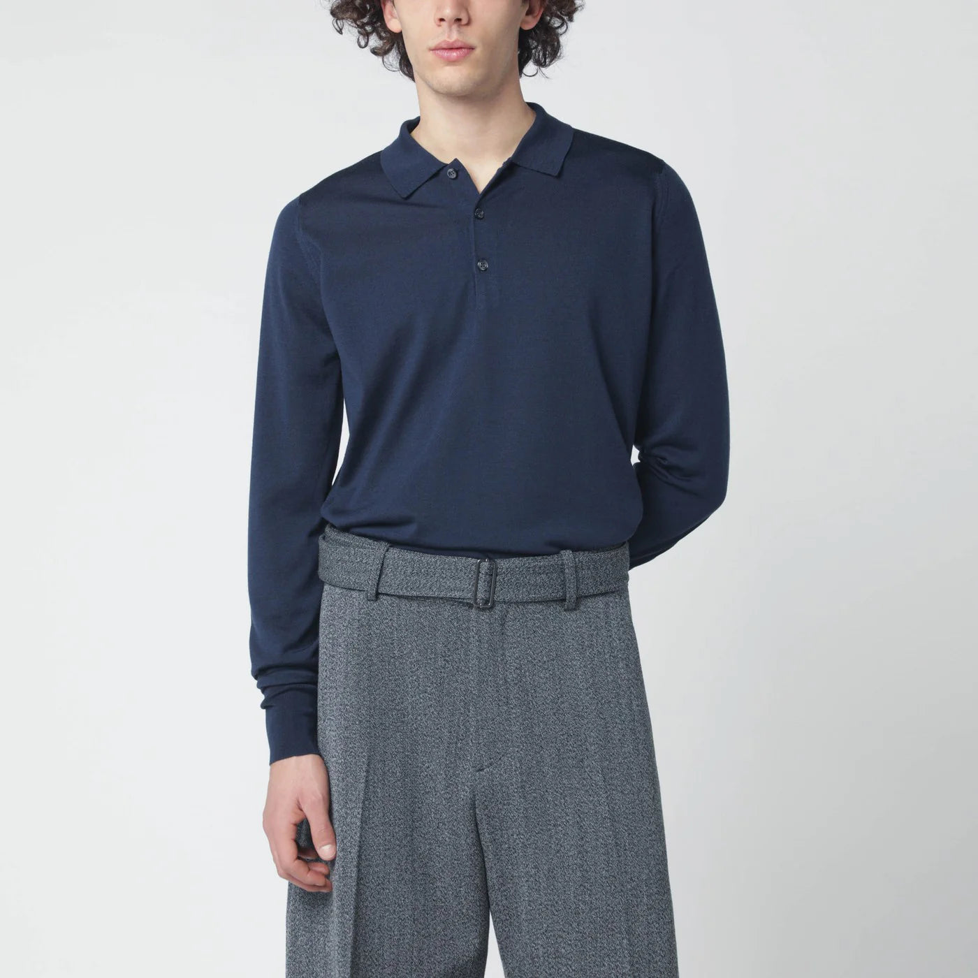 JOHN SMEDLEY Blue Wool Polo Shirt — Men's Topwear
