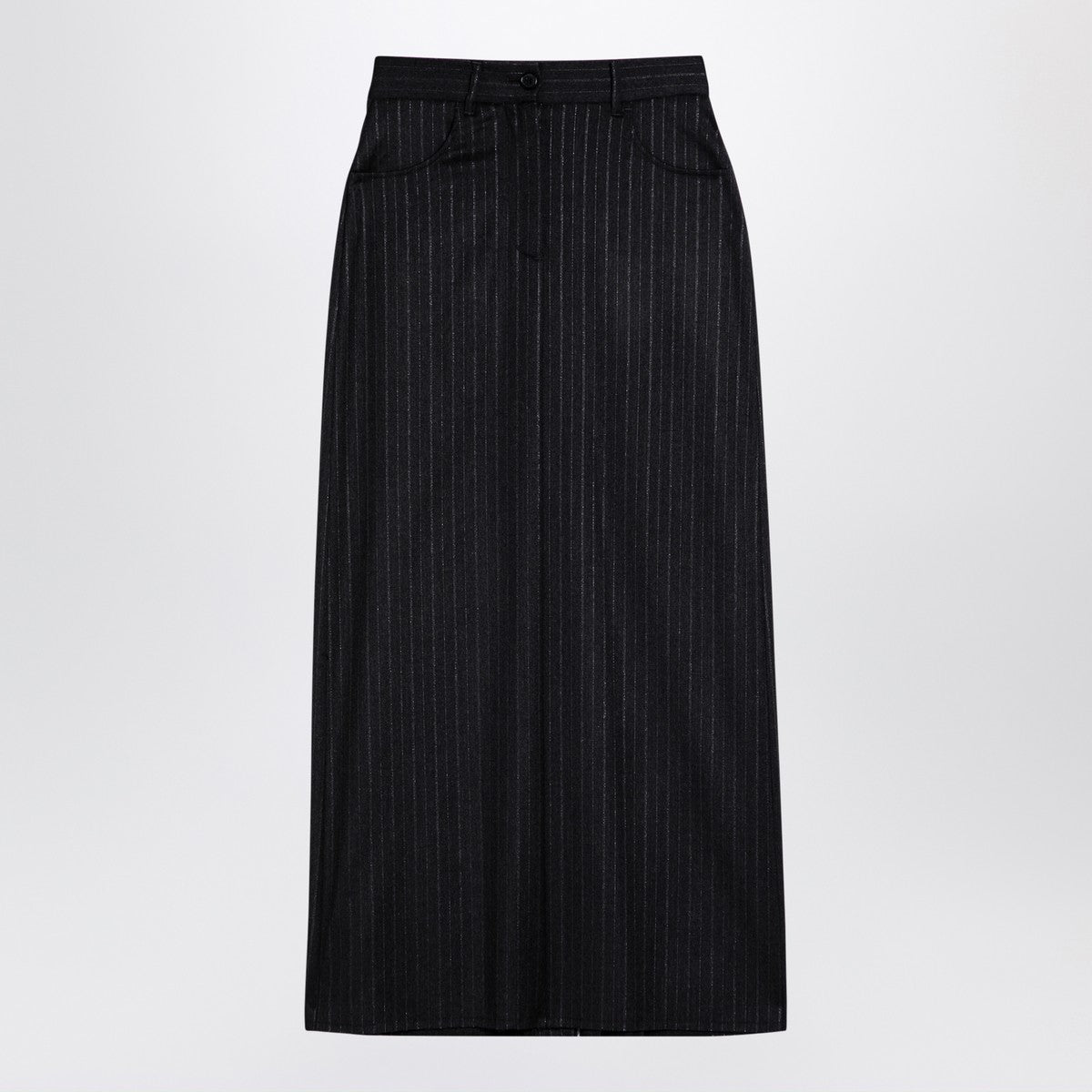 Grey pinstripe wool-blend skirt — high-waist tailored elegance