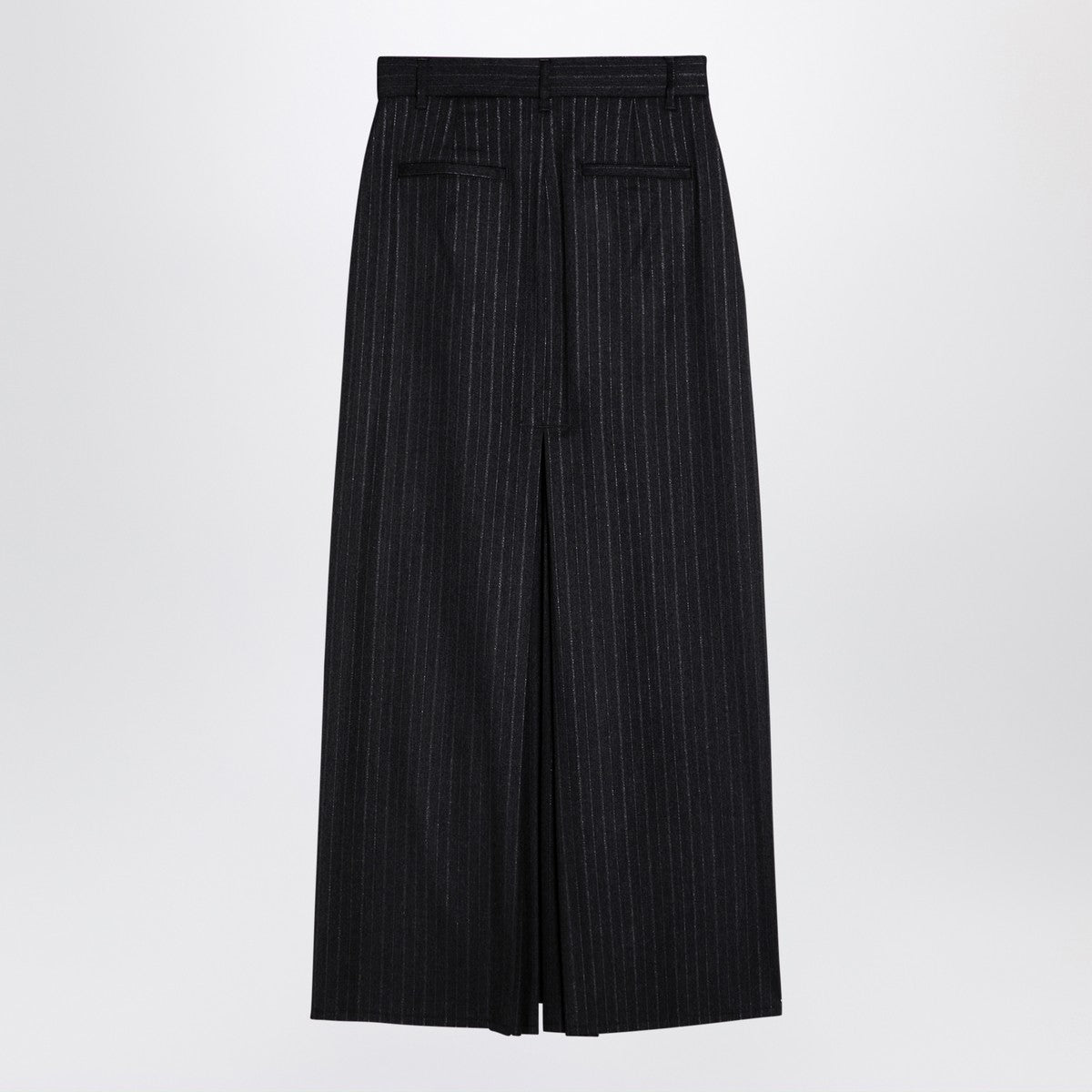 Grey pinstripe wool-blend skirt — high-waist tailored elegance