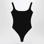 Black nylon-blend bodysuit with wide neckline