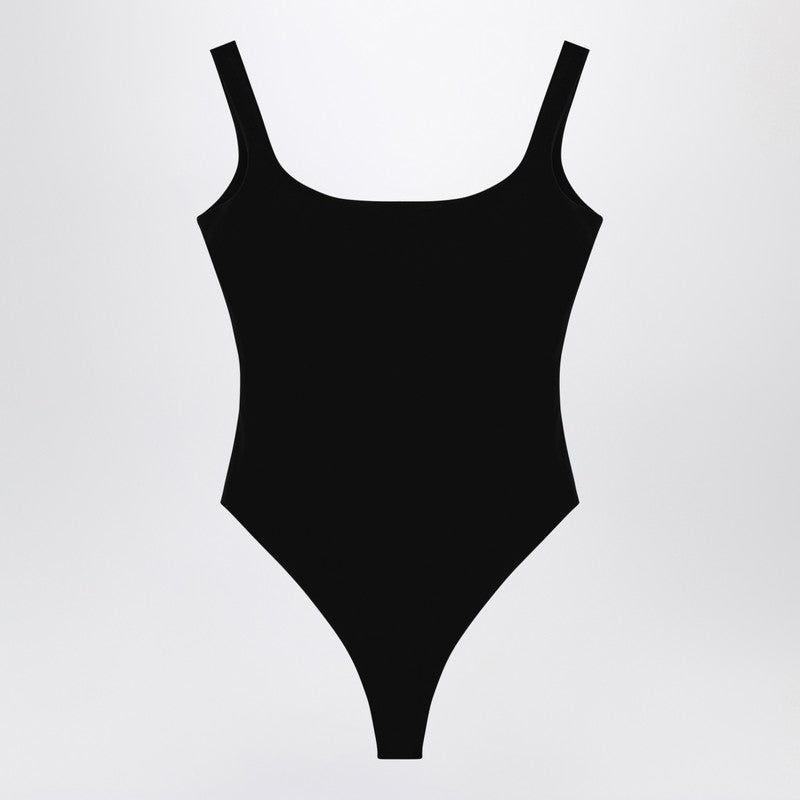 Black nylon-blend bodysuit with wide neckline