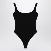 Black nylon-blend bodysuit with wide neckline