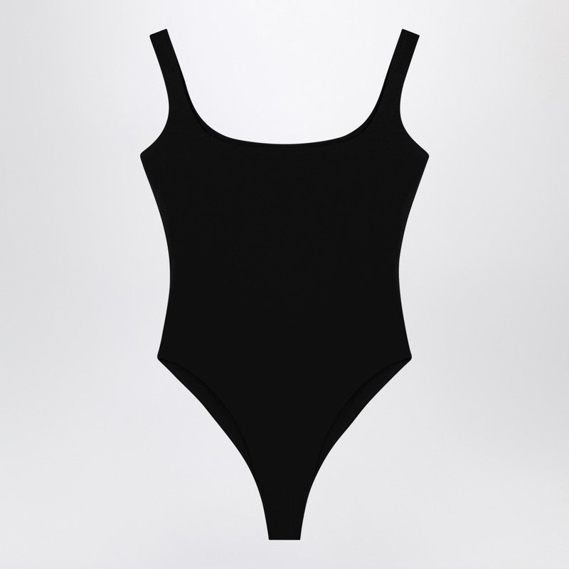 Black nylon-blend bodysuit with wide neckline