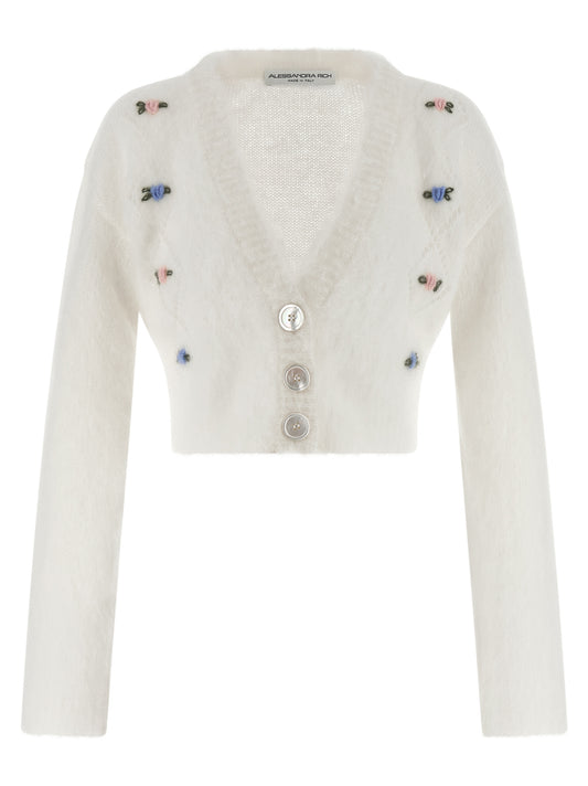 Alessandra Rich Carded Mohair Cardigan — Knitwear (White)
