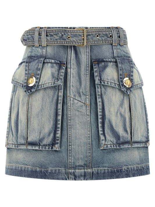 Balmain Cargo Pocket Skirt — Light Blue Denim Mini