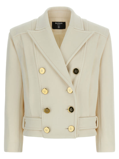 Balmain Double-breasted Coat — Women's White Wool Blend