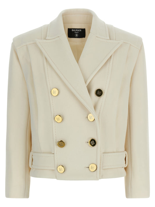 Balmain Double-breasted Coat — Women's White Wool Blend
