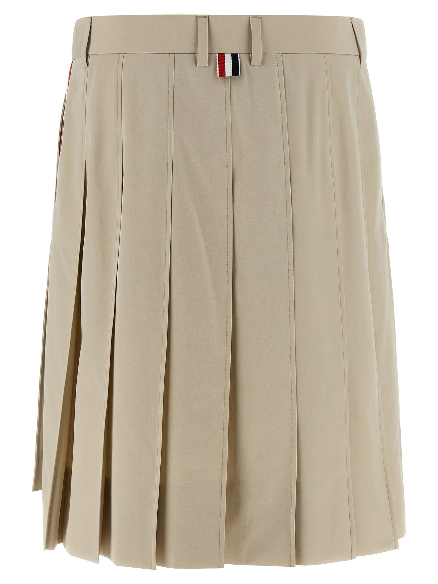 Thom Browne Pleated Skirt — Beige Mini, Asymmetric Hem