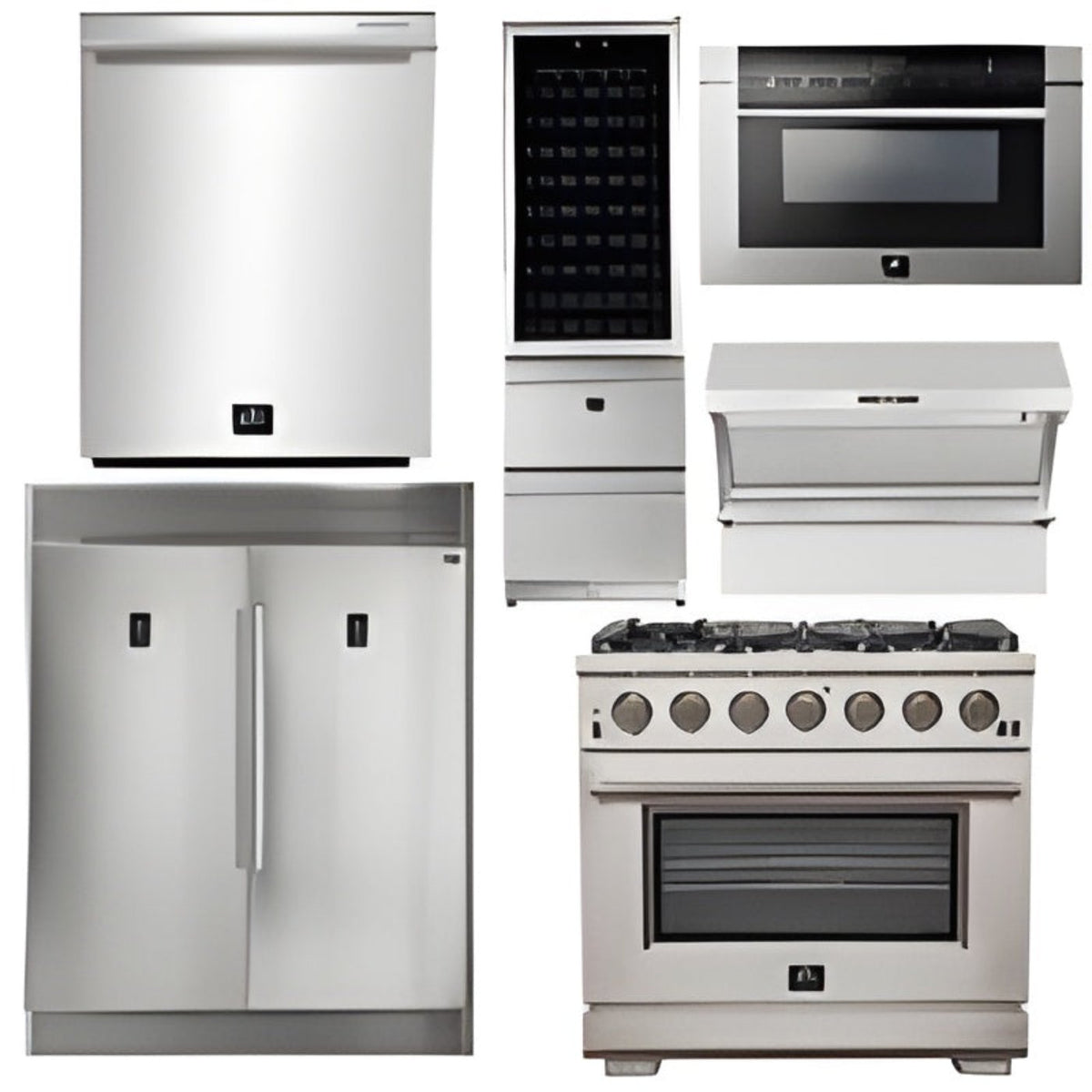 Forno Appliance Package - 36 Inch Pro Gas Range, Range Hood, Refrigerator, Microwave Drawer, Dishwasher, Wine Cooler, AP-FFSGS6260-36-9