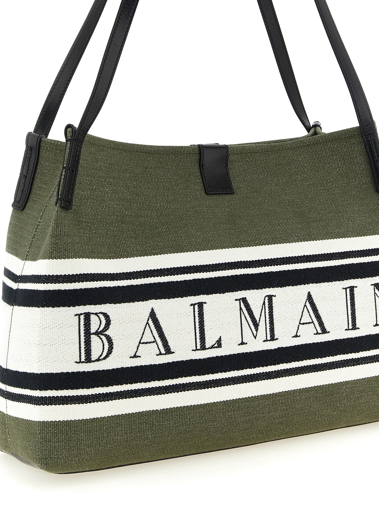 Balmain Medium Release Shopper Bag — Green Canvas