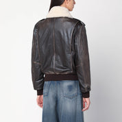 HALFBOY Brown leather bomber jacket with shearling collar