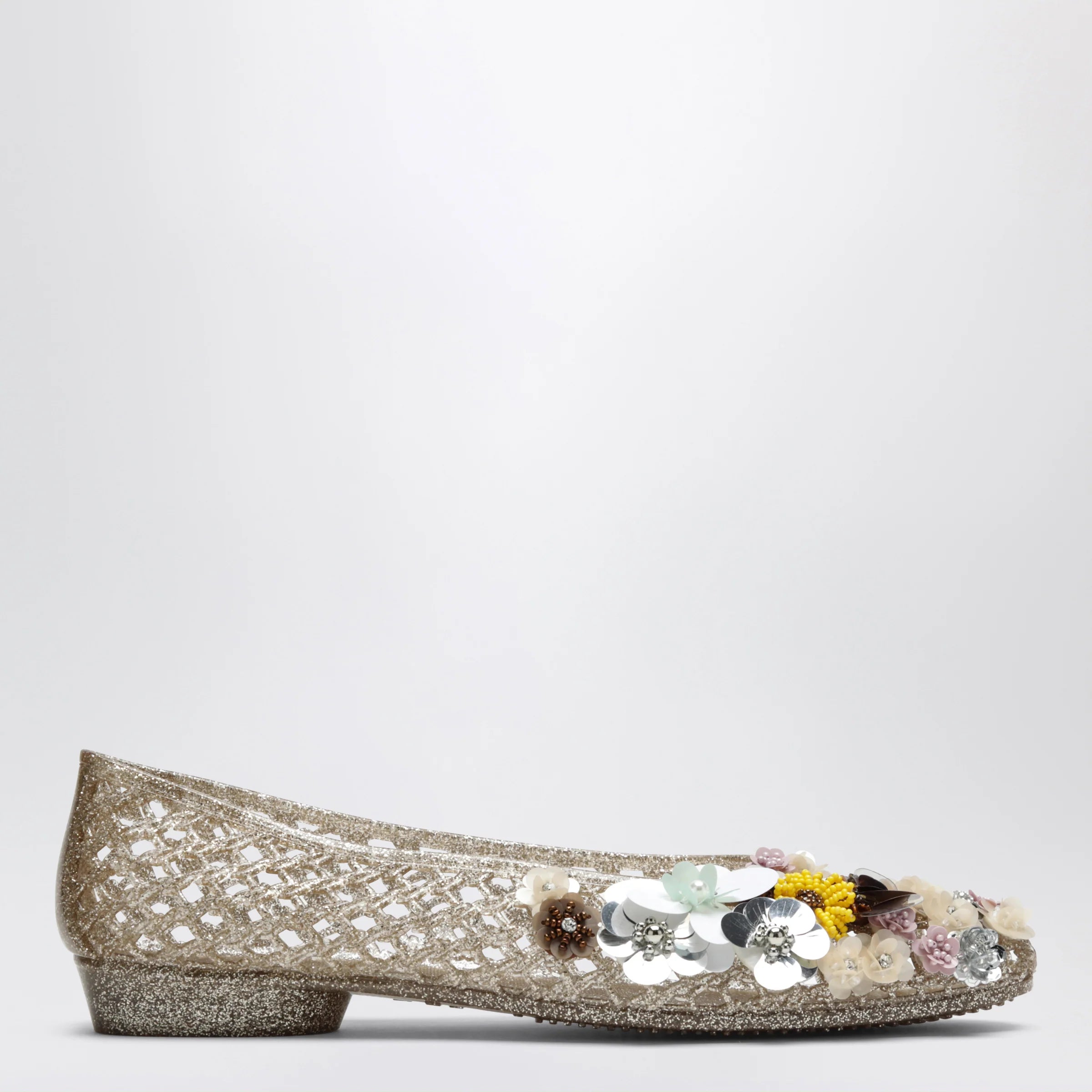 Heavenly Jelly Gold Orchid ballet flats in PVC with beaded flowers