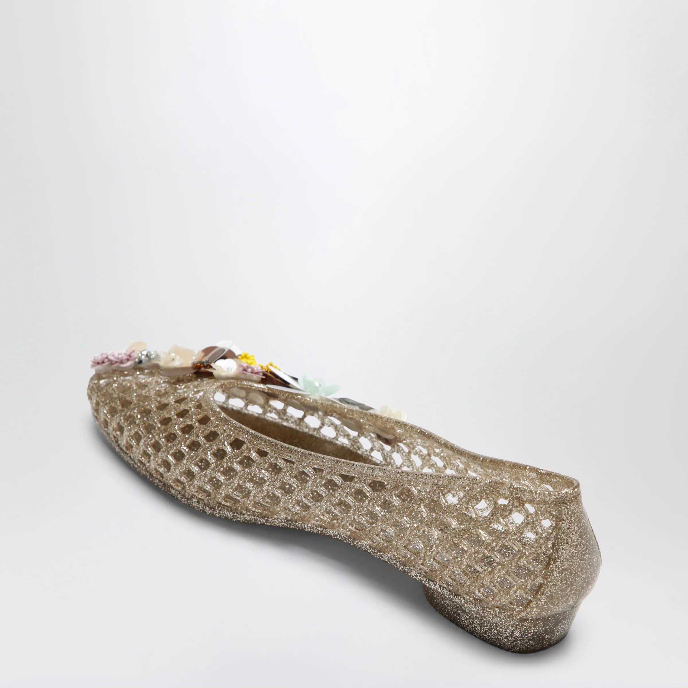 Heavenly Jelly Gold Orchid ballet flats in PVC with beaded flowers