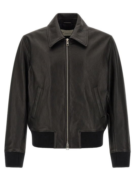 Ami Paris Ami De Coeur Leather Bomber Jacket — Black