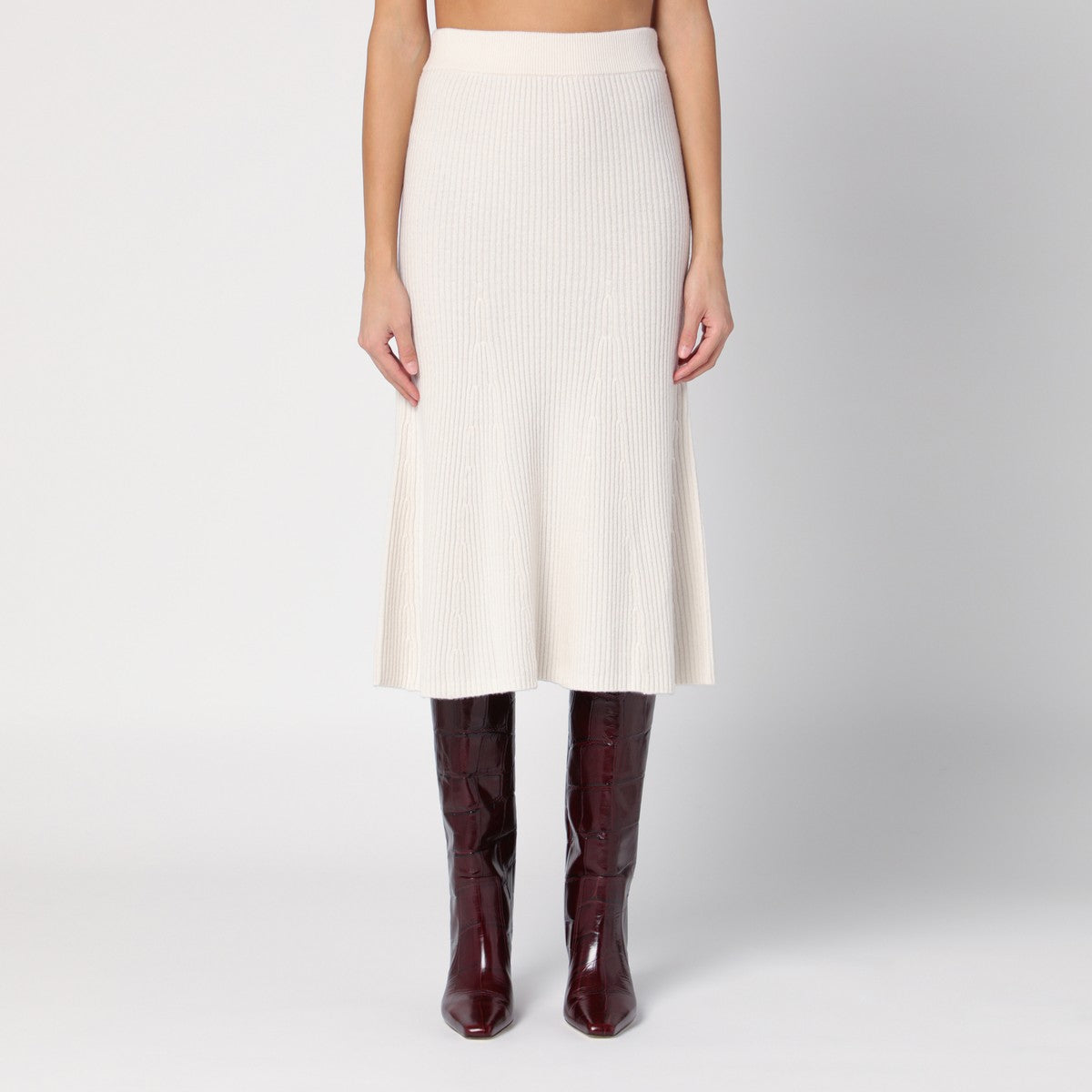 Calvin Klein white wool ribbed skirt — slim, sculpted knit