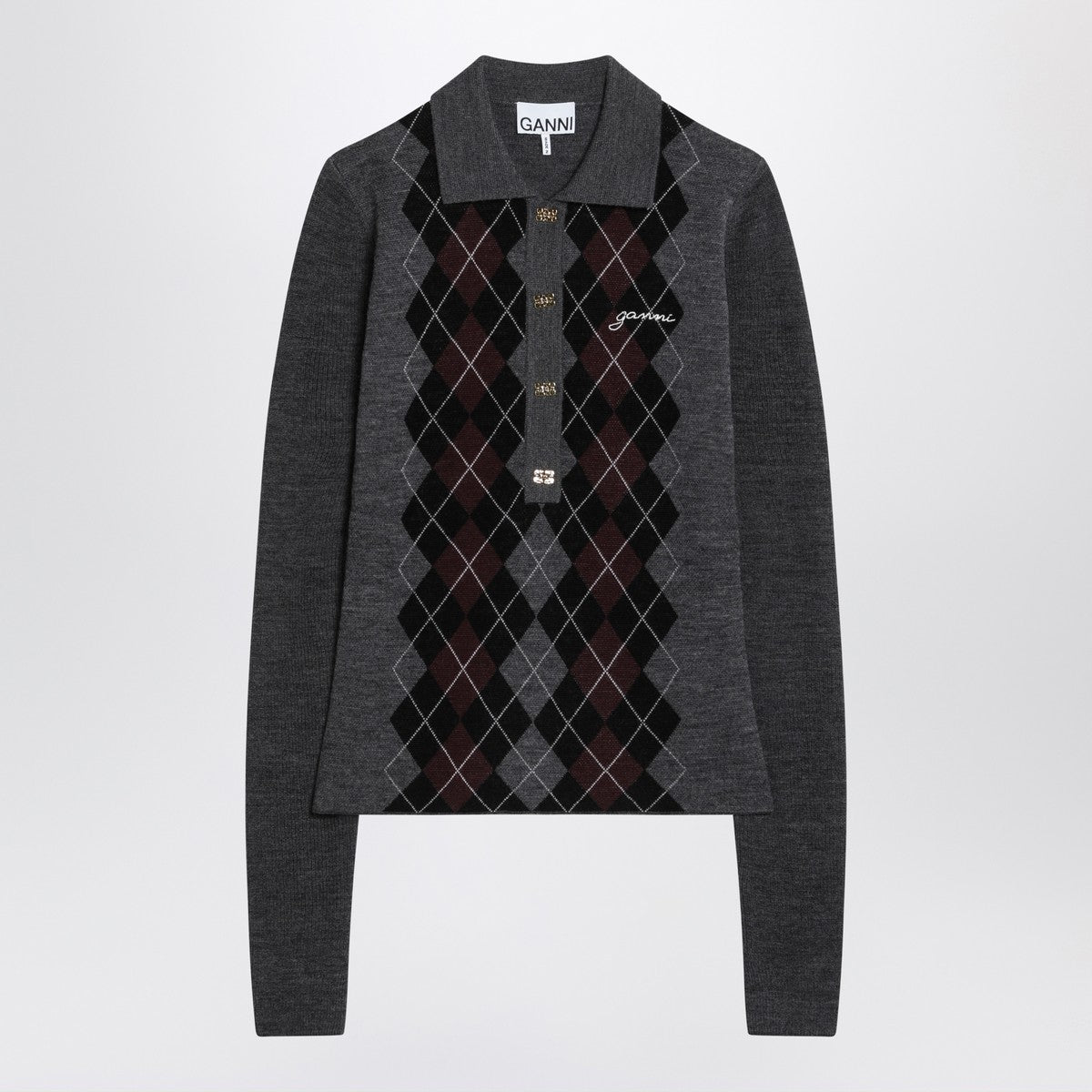 Ganni Grey polo with wool diamonds