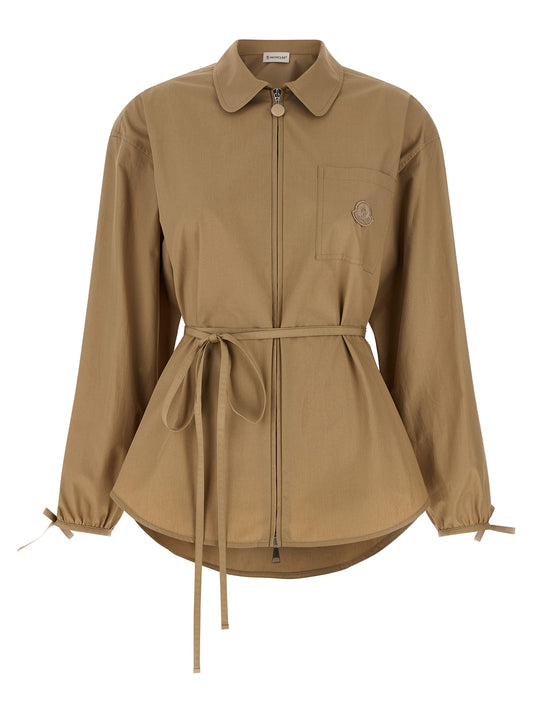 Moncler Grosgrain Logo Overshirt Jacket — Women’s Beige