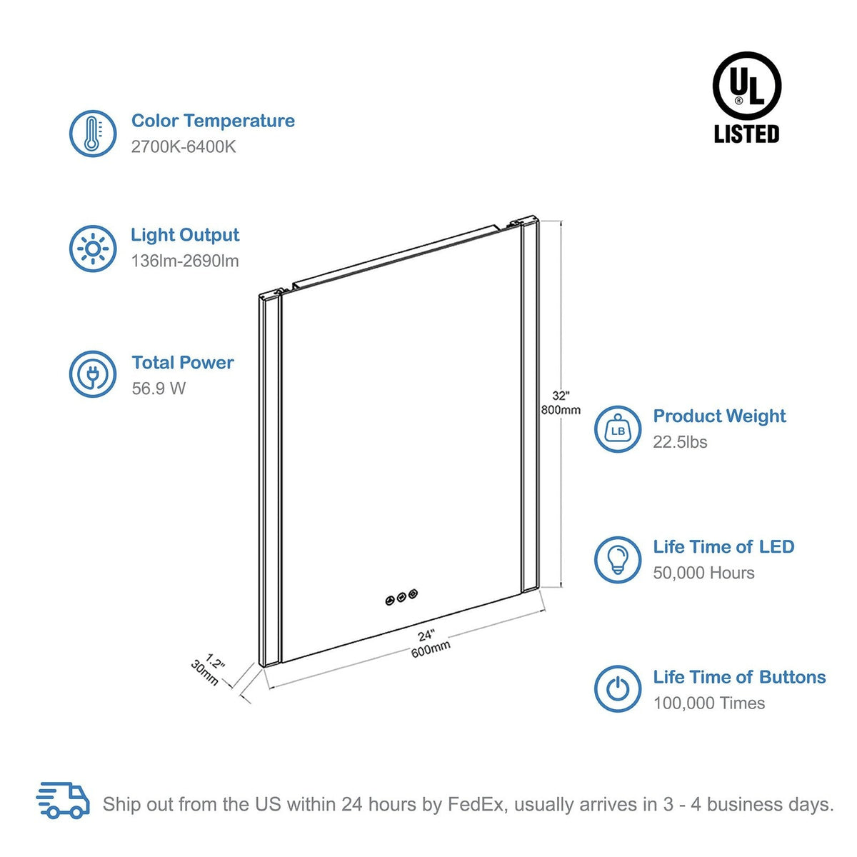 Blossom Binary 24″ LED Mirror - LED M5 2432 CH