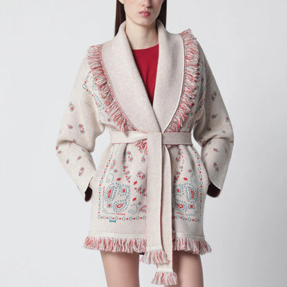 Alanui Beige/coral bandana jacquard cardigan