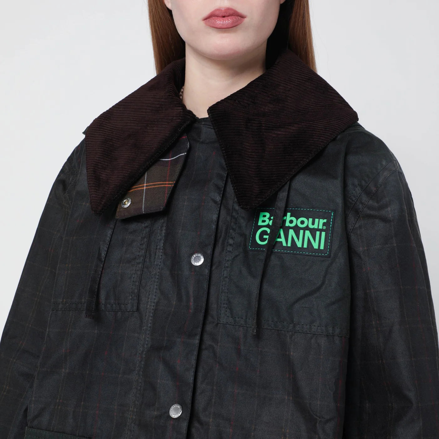 Barbour x GANNI Waxed duffle coat with tartan details
