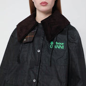 Barbour x GANNI Waxed duffle coat with tartan details