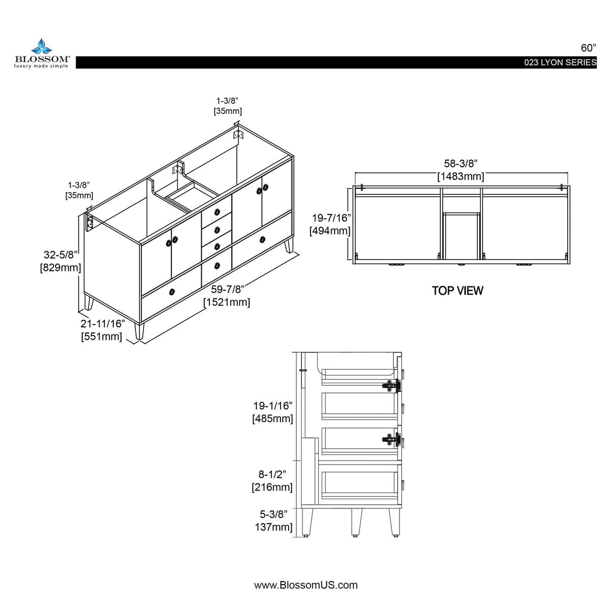 Blossom Lyon 60 Inch Bathroom Vanity - V8023 60 01