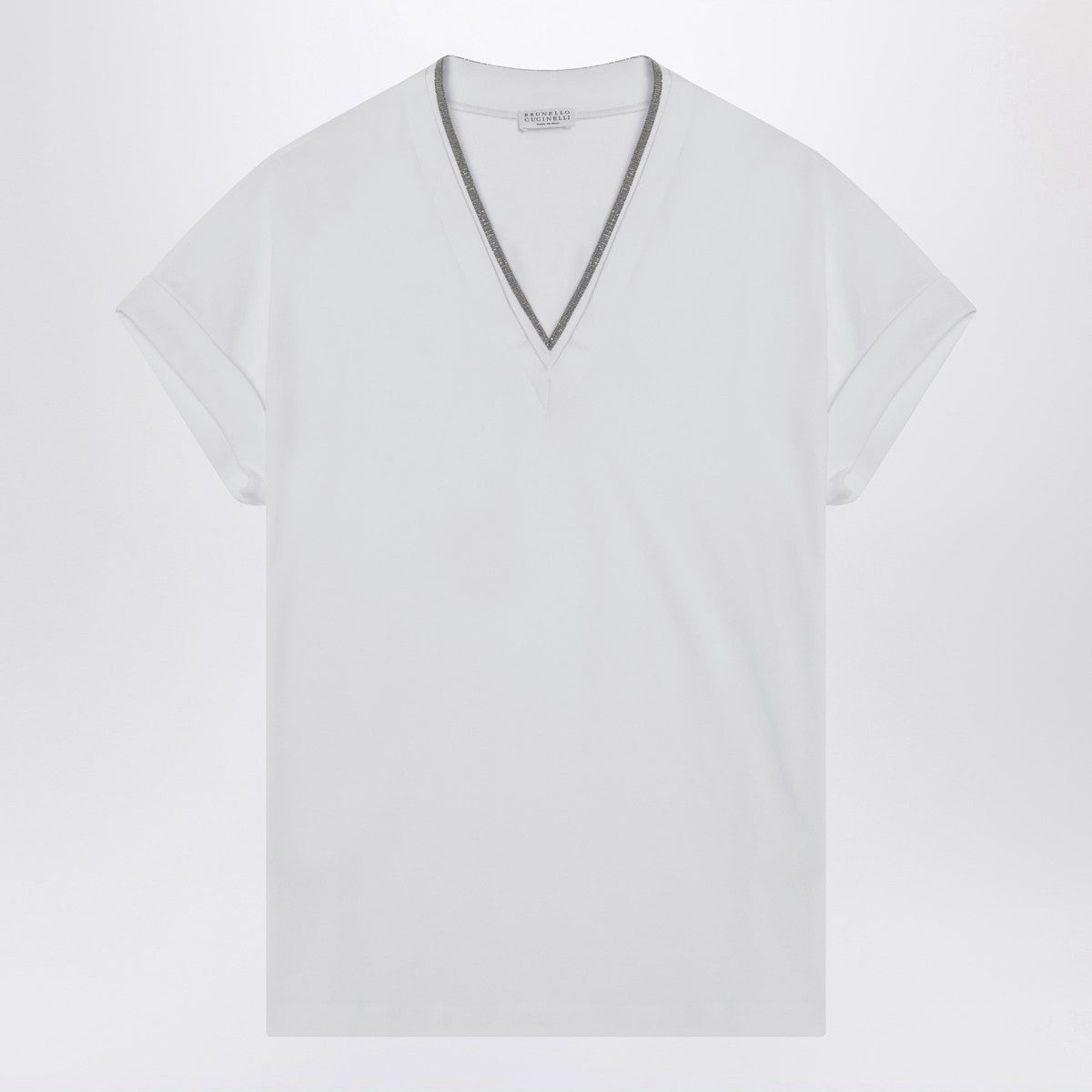 White Cotton T‑Shirt with Monile Trim — Brunello Cucinelli