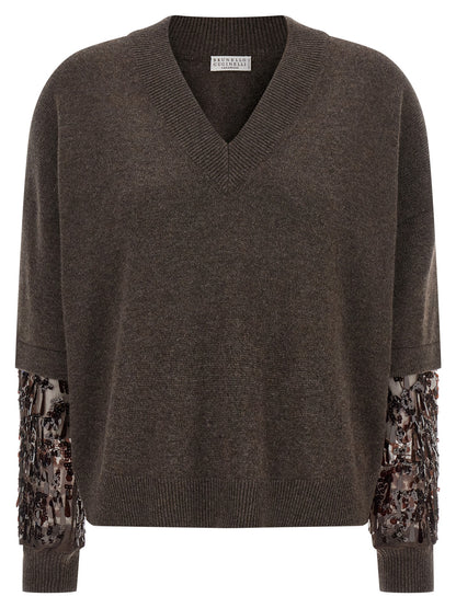 Brunello Cucinelli Sequin Sleeve Cashmere Sweater